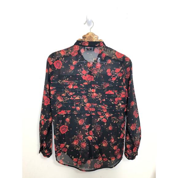 Kooples Romantic Rose Muslin Blouse Black Red Sheer Button Down xs - Picture 2 of 10